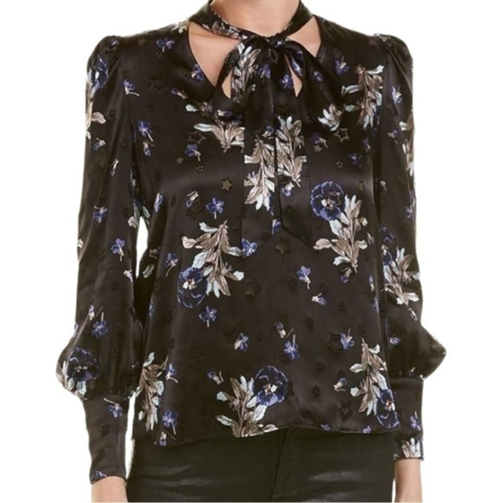 Rebecca Taylor Women’s Size 00 Black Violet Tie-Neck Silk Burn Out Blouse